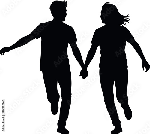 Silhouetted couple running joyfully towards the horizon symbolizing freedom and a shared journey of love and happiness