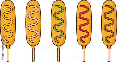 Corn Dog Snack Set with Colorful Sauce Topping Variations on Stick Street Food Fast Food Fried Sausage Vector Illustration Collection Isolated