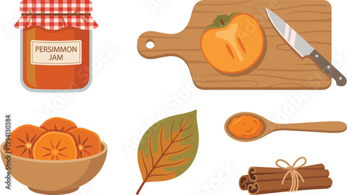 Persimmon Food Vector Set with Jam Jar Sliced Fruit Cutting Board Knife Bowl Leaf Spoon and Cinnamon Sticks for Autumn Recipe Design