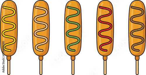 Corn Dog Snack Set with Sauce Topping Variations on Stick Street Food Fast Food Fried Sausage Vector Illustration Collection Isolated Design