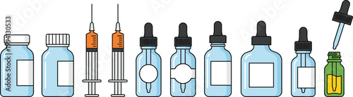 Medical Syringe and Medicine Bottle Collection Set with Dropper Vials Pharmaceutical Containers for Healthcare Treatment Laboratory and Vaccine Supply Vector Illustration Bundle