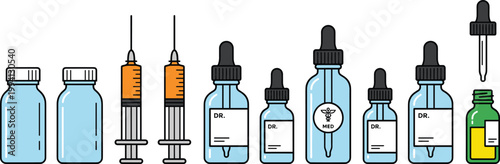 Medical Syringe and Medicine Bottle Collection Set with Dropper Vials Pharmaceutical Injection Equipment Healthcare Treatment Supplies Vector Illustration Bundle