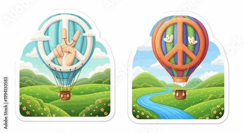 Colorful Hot Air Balloons with Peace Signs Floating Over Green Landscape.
