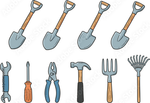 Garden Shovel and Hand Tool Collection Set with Wrench Screwdriver Pliers Hammer Fork and Rake Equipment for Gardening Maintenance Vector Illustration Bundle