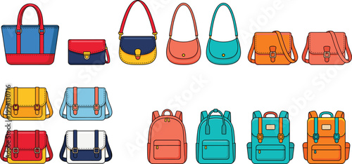 Colorful Handbag Shoulder Bag Satchel and Backpack Collection Set with Fashion Travel School Carry Accessories for Lifestyle Use Vector Illustration Bundle
