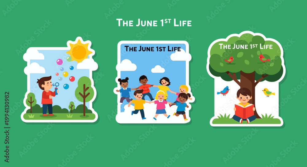 Obraz premium Colorful illustrations depicting children enjoying outdoor activities on a sunny day.