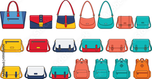 Colorful Handbag Shoulder Bag Satchel Messenger Bag and Backpack Collection Set for School Travel Fashion Accessories Lifestyle Vector Illustration Bundle