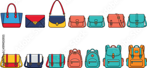 Colorful Handbag and Backpack Collection Set with Fashion Shoulder Bags Satchels and School Backpacks for Travel Lifestyle Accessories Vector Illustration Bundle