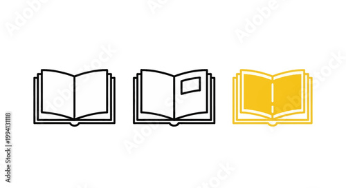 Three open book vector icons arranged in a horizontal line on a white background, featuring minimalist black line art outlines and a yellow version for education and reading.