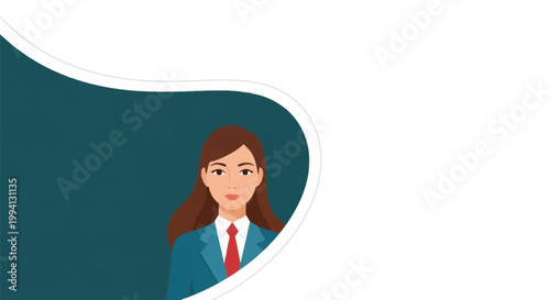 Vector illustration of a professional businesswoman wearing a blue blazer and red tie, positioned against a teal curved background with a large white space for text and design.