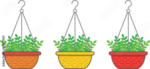 Hanging Plant Basket Set with Green Leaf Houseplants in Colorful Planters for Indoor Outdoor Garden Balcony Decoration Vector Illustration Collection