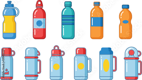 Water Bottle and Thermos Icon Set with Colorful Hydration Containers Representing Fitness, Travel, Outdoor Gear, Beverage Storage, and Healthy Lifestyle Collection