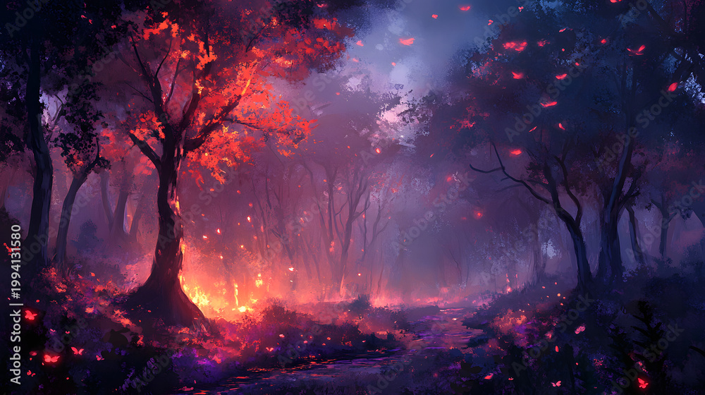 Fototapeta premium Mystical firelit forest path, autumn leaves, fantasy background, game design