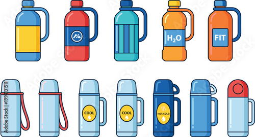 Water Bottle and Thermos Icon Set with Fitness, Outdoor, and Hydration Designs Representing Drink Containers, Travel Gear, Sports Equipment, and Healthy Lifestyle Collection