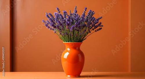 A bouquet of lavender in a bright orange ceramic vase against an orange background; a minimalist floral still life featuring vibrant colors, soft shadows, and space for text. AI generated.
