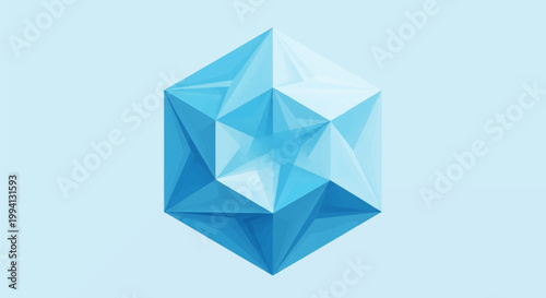 Abstract blue geometric hexagon composed of faceted triangular polygons forming a three-dimensional crystalline structure with cyan and ice blue gradients on a light background.