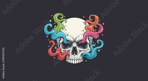 Stylized human skull vector art featuring colorful abstract swirling vapor trails in green blue and red against a solid dark gray background for creative graphic design projects.