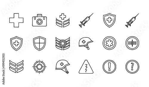 Military and medical outline icon collection with health and defense symbols vector illustration