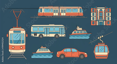 Vector illustration set of urban public transportation vehicles featuring a tram, city bus, ferry boats, sedan car, cable car gondola, and a building icon on blue background.