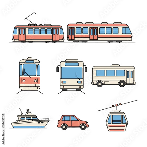 Vector illustration set of urban transportation icons including tram, light rail, city bus, compact car, motorboat, and cable car gondola in flat line art style on white.