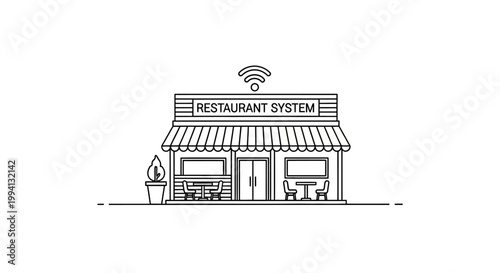 Restaurant System Outline Icon with Wi-Fi Symbol
