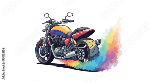 Vector illustration of a colorful cruiser motorcycle performing a tire burnout with vibrant rainbow smoke trailing from the rear wheel, isolated on a plain white background.