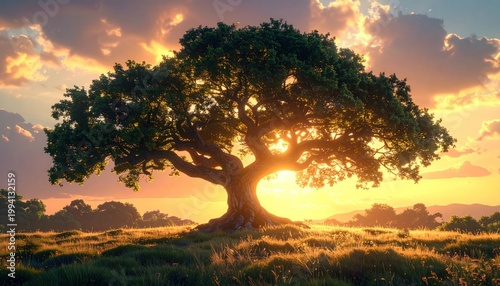 Golden hour illuminates a majestic tree in a field, basking the sky in vibrant hues