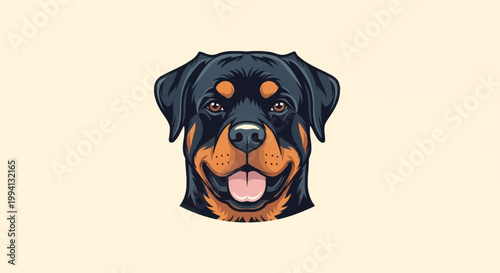 Vector illustration of a Rottweiler dog face with a happy expression and tongue out, featuring characteristic black and tan markings, isolated on a plain light cream background.