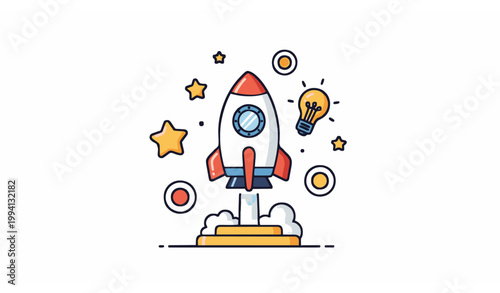 Cute toy rocket startup concept vector illustration symbolizing innovation creativity and business growth launch