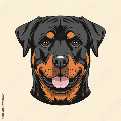 Detailed vector illustration of a Rottweiler dog face with traditional black and tan markings, smiling expression with tongue visible, frontal head portrait for logo design.