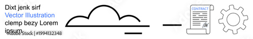Cloud technology, data synchronization, automation, workflow, contract management, innovation. Minimalist cloud, document and gear icons in black and white. Cloud technology and data synchronization