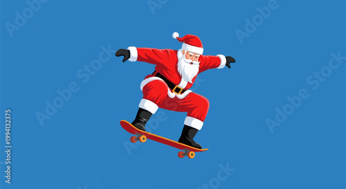 Vector illustration of Santa Claus performing a mid-air jump on a skateboard against a solid blue background. He is wearing his classic red and white suit, black boots, and gloves.