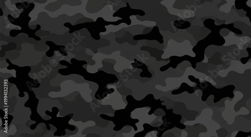 Seamless dark gray and black camouflage pattern background with charcoal abstract organic shapes. Tileable tactical military woodland texture for textiles, gear, and urban design.