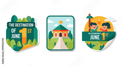 Colorful June 1st Destination Stickers for Celebration and Events.