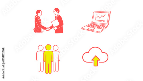 Digital communication icons with chat, laptop, and cloud connection.