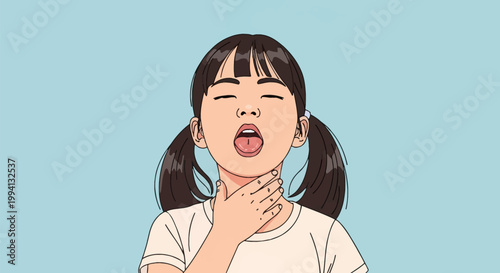 Vector illustration of a young Asian girl with black pigtails and bangs holding her throat and opening her mouth wide, depicting a sore throat, cough, or choking, blue background.