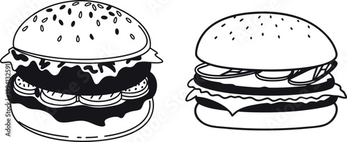 Burger Vector Illustration – Cheeseburger Fast Food Black and White Icon Set
