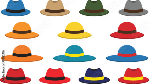 Fedora Hat Icon Set with Colorful Classic Styles Representing Fashion Accessories, Vintage Headwear, Casual Outfit Elements, and Stylish Apparel Collection