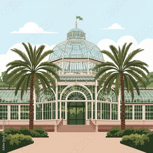 Symmetrical vector illustration of a grand Victorian style botanical garden greenhouse with a central glass dome, flanking wings, tropical palm trees, and garden shrubbery.