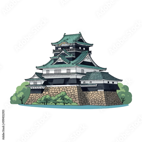 Flat vector illustration of a traditional multi-story Japanese castle featuring black wooden walls, teal green roof tiles, and a stone foundation, isolated on white with trees.