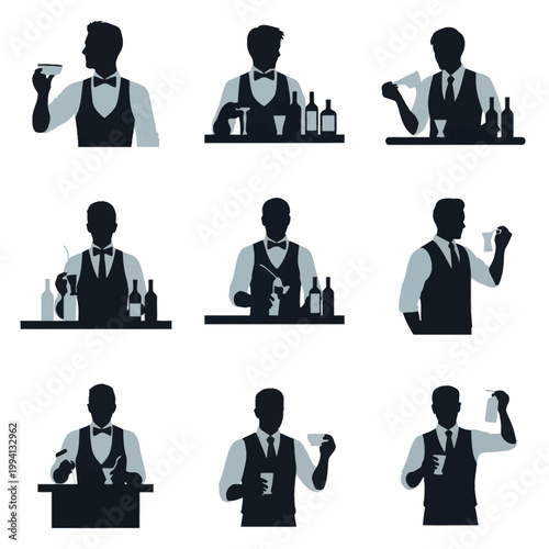 Set of nine professional bartender silhouettes wearing waistcoats and ties, performing mixology tasks like pouring, shaking cocktails, and serving drinks in various glassware styles.