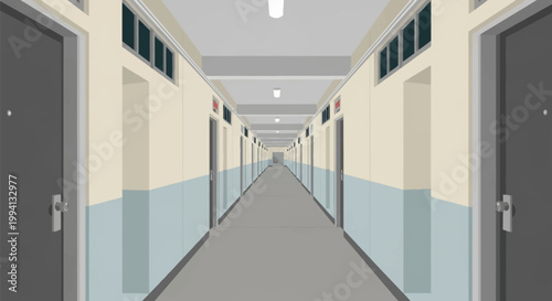 Vector illustration of a long, symmetrical interior corridor in a Singapore HDB public housing apartment block featuring gray doors and cream and blue painted walls.