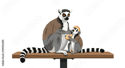 Vector illustration of an adult ring-tailed lemur and a baby lemur sitting on a wooden park bench eating slices of bread, isolated on white background with high detail.