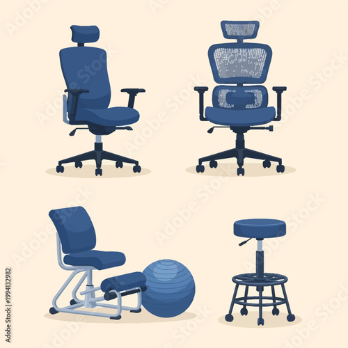 Vector illustration set of ergonomic blue office chairs, featuring two executive desk chairs with headrests, a height adjustable drafting stool, and a specialized yoga ball posture seat.