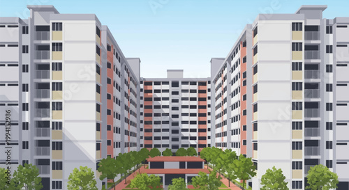 Symmetrical close-up view of high-rise public housing apartment buildings with a landscaped courtyard featuring green trees and a central pavilion under a clear blue sky.