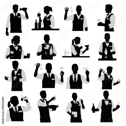 Professional bartender and server silhouettes showing male and female staff in uniforms, pouring drinks, shaking cocktails, holding wine glasses, liquor bottles, and service trays.