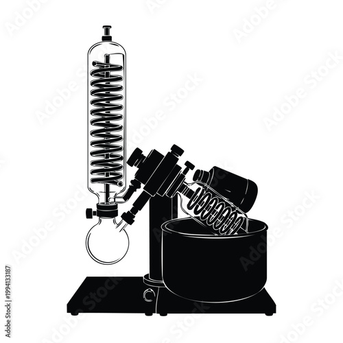 Laboratory rotary evaporator set bundle silhouette, science equipment.