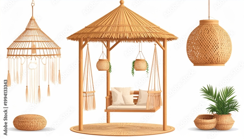Obraz premium Bohemian-style illustration of woven lamps, swing set, planters, and other home decor