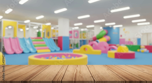 Empty wooden table surface foreground with defocused background showing a bright indoor children play center with colorful plastic slides, ball pit, and foam climbing structures.