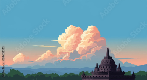 Vector illustration of a traditional Indonesian Buddhist temple stupa silhouette at sunset featuring large fluffy pink and cream clouds over a forest and mountain landscape.